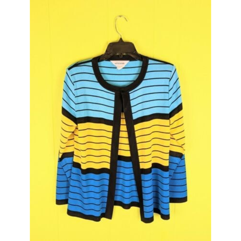 Exclusively Misook Womens M Blue Yellow Striped Acrylic Open Cardigan Sweater - Picture 5 of 12